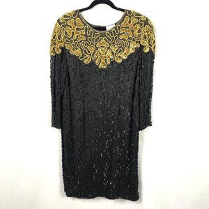 Roamans Dress Womens Medium Black Gold 100% Silk Cocktail Event Formal Glam
